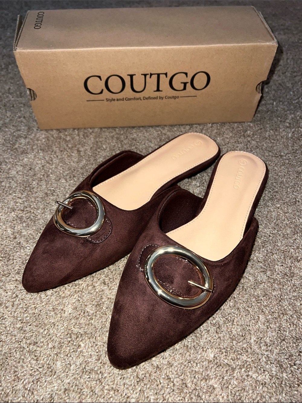 Coutgo Womens Mules Pointed Toe Flats with Metal Buckle in Brown Suede